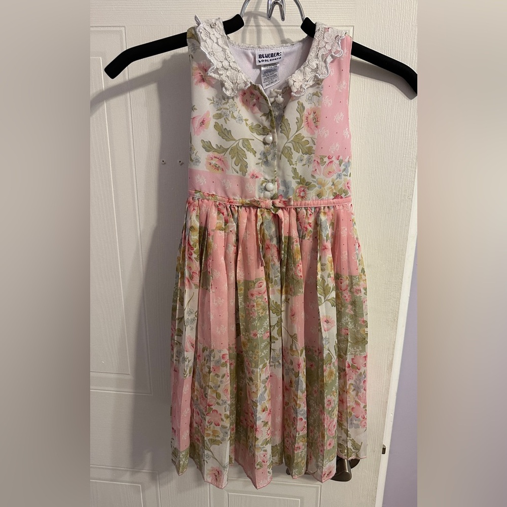 Blueberi Boulevard Pink and Green Ruched Sundress with Peter Pan Collar